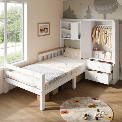 Kinderbett 90 x 200 cm mit Kleiderschrank, Schubladen, offenen Regalfächern und Rausfallschutz, Multifunktionsbett mit Holzlatten, Weiß