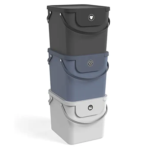 ROTHO Wäschekorb Albula 3er-Set 40l mit Deckel - Wäschekörbe 3-tlg. Set aus rezykliertem Kunststoff, ideal für einfache Wäschetrennung mit Aufklebern und stapelbarem Design.