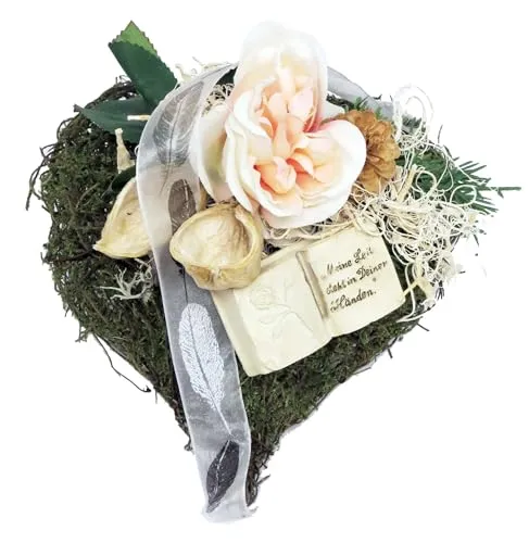 Grabschmuck MOOS Herz mit Rose und Buch, wetterfest CreaFlor Home