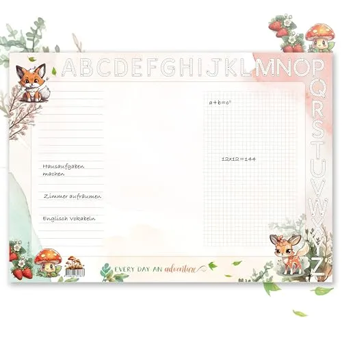TOBJA Schreibtischunterlage A3 für Mädchen und Jungen - Waldtiere Design, dickes 90g/m² Papier, mit ABC Leiste zum Ausmalen - Perfekt zur Einschulung | Schreibtischunterlage Papier 25 Blatt