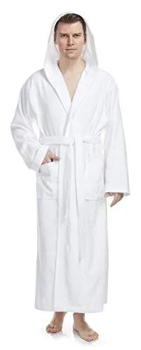 Herren Bademantel mit Kapuze - Weiß, Größe S-M - Bademantel für Herren aus 100% schadstofffreier Baumwolle, mit Kapuze und zwei großen Taschen. Ideal für Sauna und Wellness, bietet hohen Tragekomfort und ist zeitlos modern.