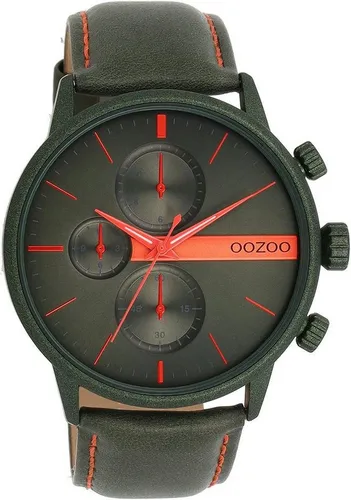 OOZOO Quarzuhr C11227 - Herrenuhr im Chrono-Look mit Lederarmband - Elegante Armbanduhr mit spritzwassergeschütztem Design, grünem Zifferblatt und hochwertigem Lederarmband – ideal für stilbewusste Männer.