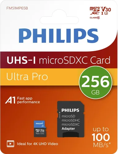 Philips Micro SDXC Karte 256GB Ultra Pro UHS-I U3 V30 A1 - Speicherkarten der Klasse 10 mit 256 GB für schnelle Datenübertragungen, ideal für Kameras und Smartphones.
