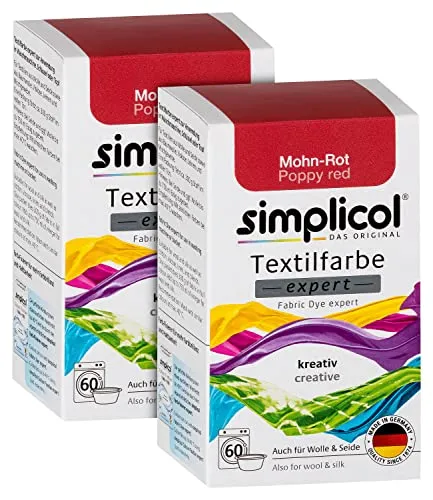 simplicol Textilfarbe Expert Mohn-Rot 2er Pack 150g – Kreatives Färben leicht gemacht - Verleihen Sie Ihren Textilien neuen Glanz mit der intensiven Textilfarbe Expert in Mohn-Rot. Ideal für kreative Projekte und einfache Anwendung in der Waschmaschine. Perfekt für Baumwolle, Viskose und Leinen!