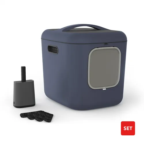 Rotho Katzentoilette mit Haube Bea XL – 61,4 x 49,5 x 57,3 cm – 13,5 cm Einstieg – großes Katzenklo mit Filter, Schaufel & Magnetklappe – geruchsdicht & recycelter Kunststoff