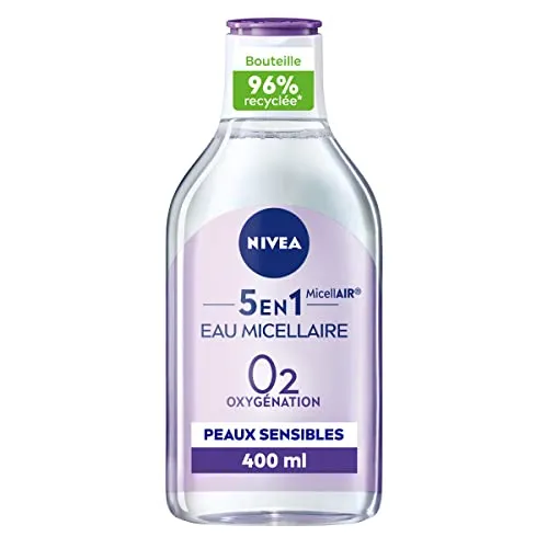 NIVEA Beruhigendes Mizellenwasser für empfindliche Haut (1 x 400 ml), Make-up-Entferner, angereichert mit Mizellen und animierten Säuren, ohne Parfüm, Gesichtsreiniger für Augen & Lippen