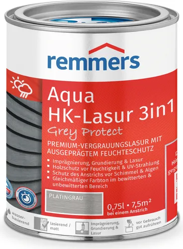 Remmers HK-Lasur 3in1 Grey Protect - Platingrau, 0,75L - Premium Holzlasur für außen, vereint Imprägnierung, Grundierung und Lasur in einem. Ideal für Zaun, Fachwerk und Gartenhaus. Schnelltrocknend, langlebig und umweltverträglich.