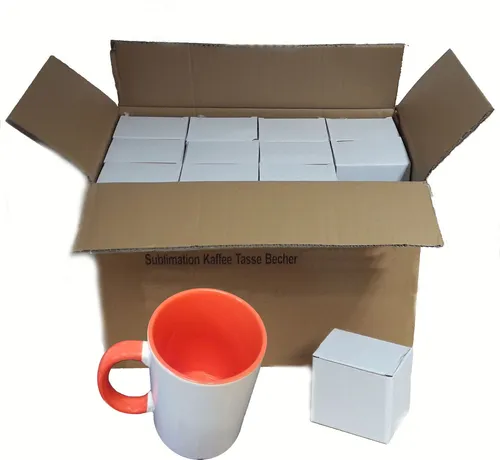 Sublimations Tassen Foto Becher 36 Stück - Weiß mit Orange Henkeln - Thermobehälter, 36 einzeln verpackte Tassen, ideal für personalisierte Drucke, spülmaschinen- und mikrowellengeeignet, perfekte Größe für Kaffee oder Tee.