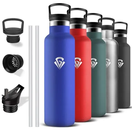 Trinkflasche Edelstahl, Trinkflasche 1l, Doppelwandige Vakuumisolierte, Wasserflasche mit Strohhalm, BPA-Frei, Sporttrinkflaschen 1l Auslaufsicher, für Wandern, Camping, Reisen, Fitness, Erwachsene