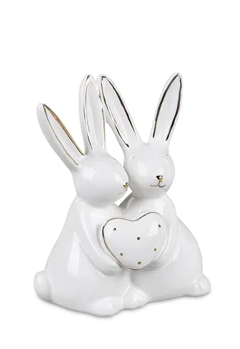 Geschenk-Himmel Hasenpaar Weiss-Gold aus Steingut Hase Ostern Hasen (Hasenpaar 12 cm)