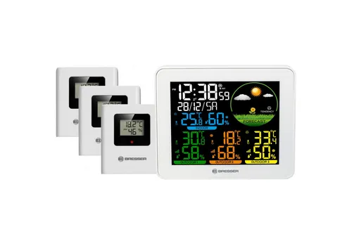 Bresser Farbwetterstation mit 3 Außensensoren - Wetterstation mit 3 spritzwassergeschützten Sensoren für präzise Messungen, DCF-Funksignal für automatische Uhrzeiteinstellung und integrierter Wecker für optimalen Komfort.