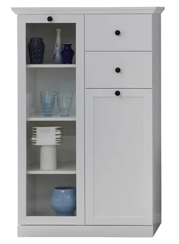 trendteam smart living - Baxter Vitrine - Weiß matt - Wohnzimmerschrank im Landhausstil - Beistelltische fürs Wohnzimmer – Stilvolle Vitrine mit 7 Fächern und edlen Metallgriffen, ideal für Geschirr und Dekoration, platzsparend und funktional (BxHxT) 81 x 129 x 41 cm.