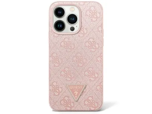 CG MOBILE Guess Leather 4G Triangle Strass Hülle für iPhone 16 Pro (Pink) - Stylische Standard Handyhülle aus TPU und Öko-Leder mit funkelndem Strassdesign, perfekt für einen modischen Schutz deines iPhones.