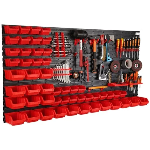 Werkzeugwand Wandregal mit 160x80cm Abmessungen Behälter 51 tlg. Set im Schwarz/Rot Werkzeughalter Werkstattregal aus Kunststoff Lagersystem Schüttenregal Extra Starke Regal Erweiterbar Lagerregal