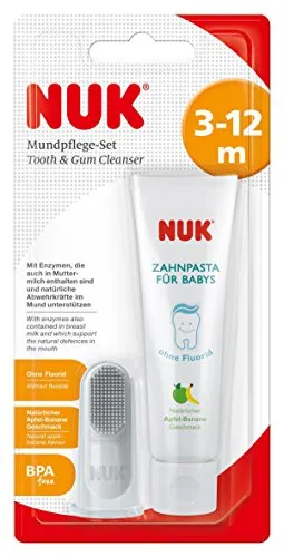 NUK Mundpflege-Set für Babys - Pflegeset für die ersten Zähnchen mit natürlichem Apfel-Banane Geschmack, weicher Fingerzahnbürste und ohne Fluorid – ideal für gesunde Mundpflege und Stärkung der Abwehrkräfte.