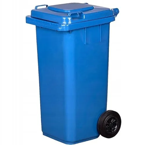 MAT-COMPANY Mülltonne 120 L Abfallbehälter mit Deckel und Rädern Blau Kunststoff für Außenbereich Garten und Haushalt