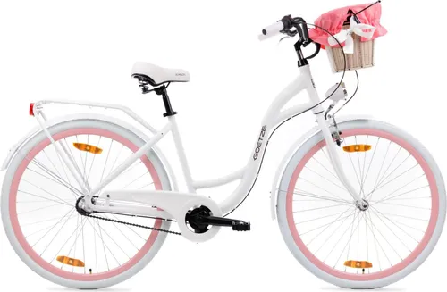 Goetze Style 28 Zoll City Bike, 18 Zoll Tiefeinsteigerrahmen, 3-Gang Shimano Nexus, V-Bremse, LED-Beleuchtung, Komfortsattel, Rattankorb