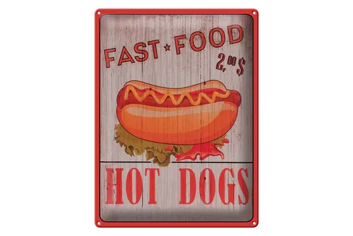 Femer GmbH Metallschild Reklame 30x40 cm Fast Food Hot Dogs Retro, (1 St), gewölbte Oberfläche, abgerundete Ecken, umgeschlagene Kanten