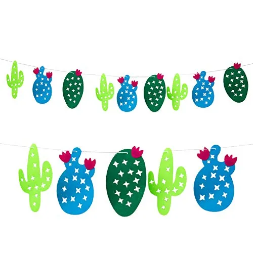 Oblique Unique® Kaktus Girlande mit 9 Kakteen - 1,5m - Deko aus Filz in Grün Blau Pink - für Motto Strand Party Garten Feier Kinder Geburtstag Sonne Sommer Spaß
