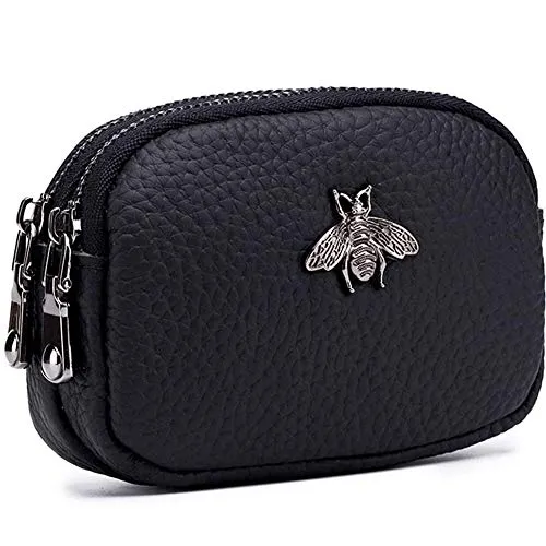 Geldbörse Damen Klein - Portemonnaie Damen Klein Mit Bienenmuster Doppelreißverschluss Mini Damen Portemonnaie Münzfach Zipper Brieftasche Kartenhalter Einfache Münztasche für Damen(schwarz)