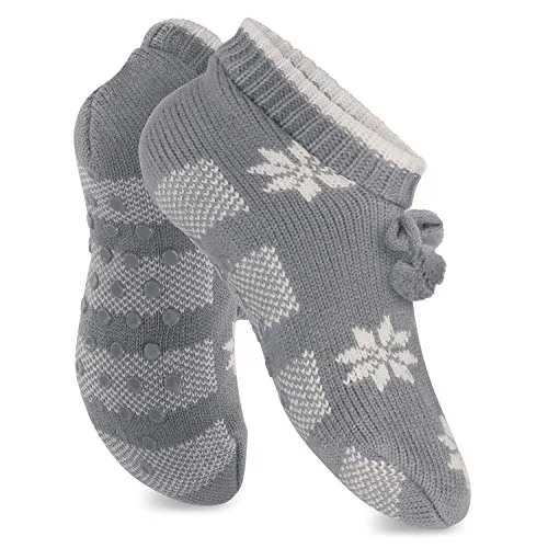 Celodoro Damen Norweger Strick Socken für Zuhause (1 Paar) Hüttensocken mit ABS-Sohle - Grau Weiß 35-38