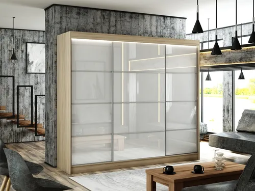 Kleiderschrank Porto III 250 cm inklusive 3 Schiebetüren Lieferung bis in die Wohnung Kleiderstange Garderobe Schrank (Farbe: Eiche sonoma, lacobel weiß, Sprosse)