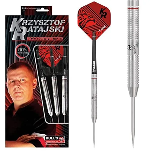 BULLS Krzysztof Ratajski Scoremaster Steel Dart 22g/24g - Hochwertige Dartpfeile aus 80% Tungsten mit ausgezeichnetem Grip für präzise Würfe. Individueller Flight in Schwarz und Rot, designt nach den Wünschen des polnischen Spitzenspielers.