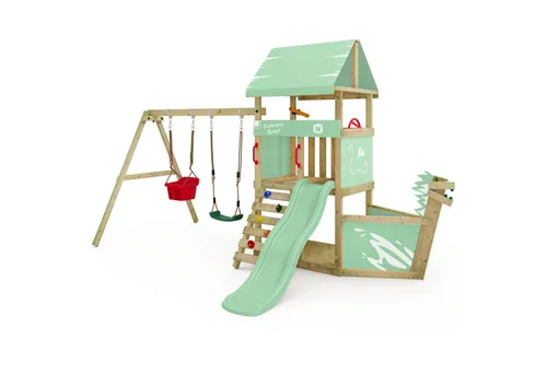 Wickey DinkyHouse Spielturm Piratenschiff - Schaukeln und Klettern im Garten: Der Wickey DinkyHouse Spielturm aus robustem Massivholz bietet mit Wellenrutsche, Sandkasten und Erweiterungsmöglichkeiten unendlichen Spielspaß für kleine Abenteurer.