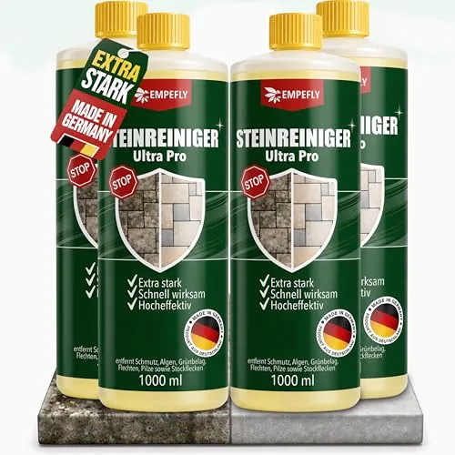 Steinreiniger Ultra Pro – Intensiver Allzweckreiniger für Außenflächen (4x1 Liter) - Entfernt mühelos Schmutz, Algen und Flechten von Terrassen, Wegen und mehr. Ideal für verschiedene Materialien und sorgt für langanhaltende Sauberkeit. Einfache Anwendung für gepflegte Außenbereiche.