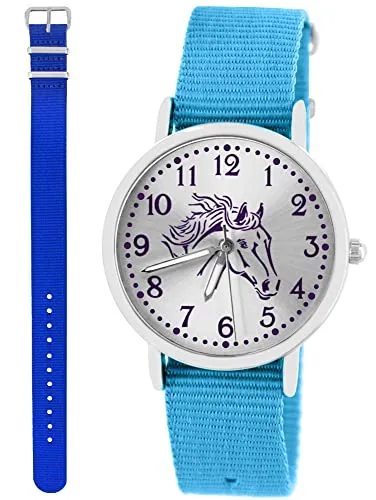Pacific Time Kinder Armbanduhr Mädchen Junge Pferd Motivuhr Kinderuhr Set 2 Textil Armband hellblau + royal blau analog Quarz 10377