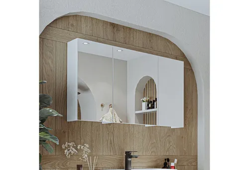 Roomart Badmöbel-Set GUSTO-ATL 120 cm - Komplett-Set für modernes Badezimmer - Stilvolles Badmöbel-Set in Weiß und Eiche mit Softclose-Funktion. Inklusive Waschbecken, Spiegelschrank und Seitenschrank für optimalen Stauraum. Pflegeleichte Oberflächen für mühelose Reinigung.