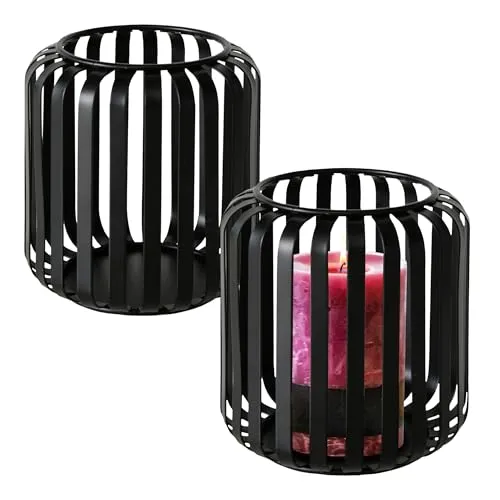 Metall Gitter Windlicht schwarz 12 x 10 cm - 2er Set - Eleganter Kerzenhalter rund - Tisch Deko Laterne Kerzenständer Zimmerlaterne Kerzenleuchter Halter für Stumpenkerze Teelicht