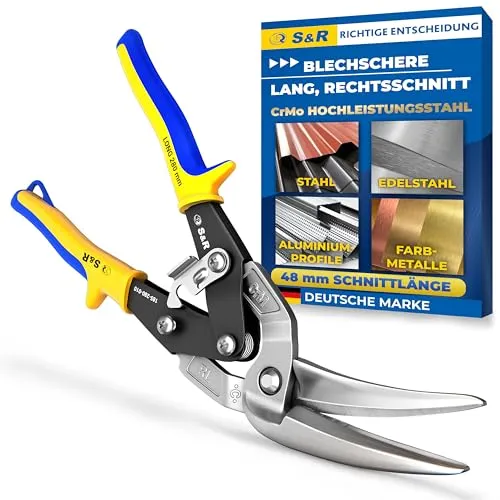 S&R Blechschere Rechsschnitt 280mm – Durchlaufblechschere aus Hochleistungsstahl mit CrMo-Stahlklingen, induktionsgehärtet 60–62 HRC, 48mm Schnittleistung – ergonomisch, Anti-Rutsch-Griffe, Sicherheit