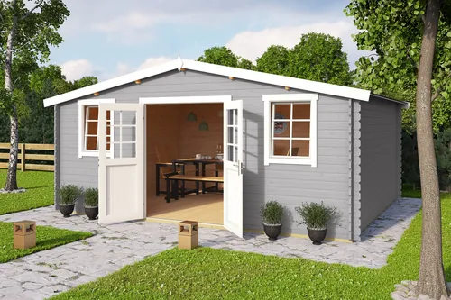 Gartenhaus Blockhaus Satteldach 28 mm Wels 5 grau - Gartenhaus mit 28 mm Wandstärke und Satteldach, ideal für Gartenliebhaber. Abschließbar und mit 19,89 m² Nutzfläche bietet es viel Stauraum für Geräte und Möbel.