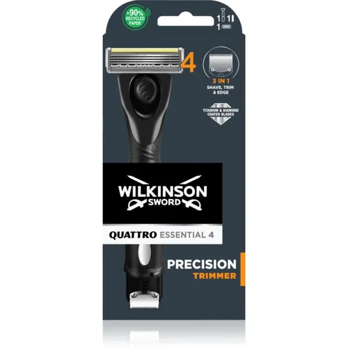 Wilkinson Sword Quattro Precision Trimmer Rasierer + Rasierklingen 2 pc - Nassrasierer für Herren, mit schwenkbarem Rasierkopf für eine präzise Rasur und einfache Reinigung. Genießen Sie ein perfekt glattes Gesicht ohne Hautreizungen dank des Feuchtigkeitsbands.