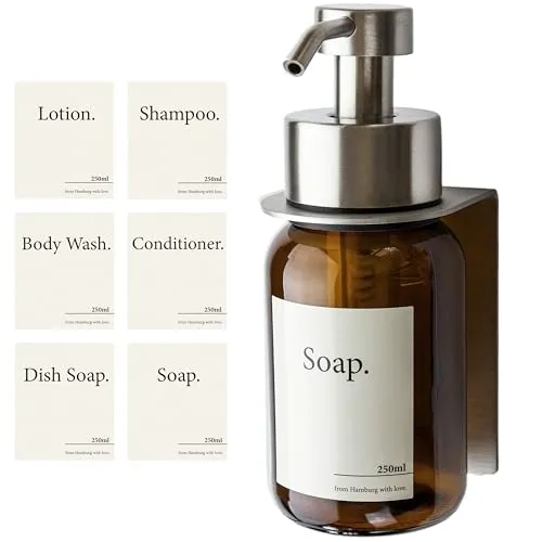 Designfabrik Hamburg Glas Seifenspender mit Wandhalterung - Seifenspender aus Glas und Edelstahl, selbstklebend und ohne Bohren, ideal für Bad und Küche – nachhaltig und platzsparend!