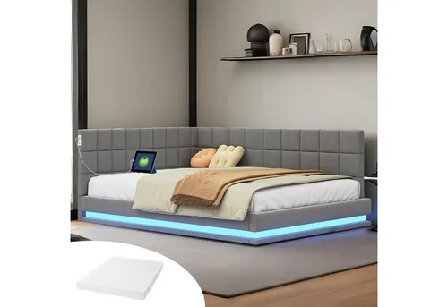 REDOM Schlafsofa Polsterbett,Funktionsbett,Jugendbett, Multifunktionales Polsterbett-Schlafsofa mit LED-Lichtleiste und USB-Anschluss., mit Matratze