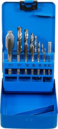 BGS 1987 Gewindeschneid- und HSS-Bohrer-Satz M3 - M12 - Bohrersets für präzises Schneiden von Innengewinden in Metall, inklusive 7 HSS-Spiralbohrern für optimale Kernlochbohrungen von 2,5 bis 10,2 mm.