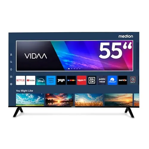 Medion® MD855200 LCD-LED Fernseher 55 Zoll - 4K Ultra HD Fernseher mit 138.8 cm Bildschirmdiagonale, ideal für gestochen scharfe Bilder und Smartfunktionen für Streaming und Internet-Browsing.