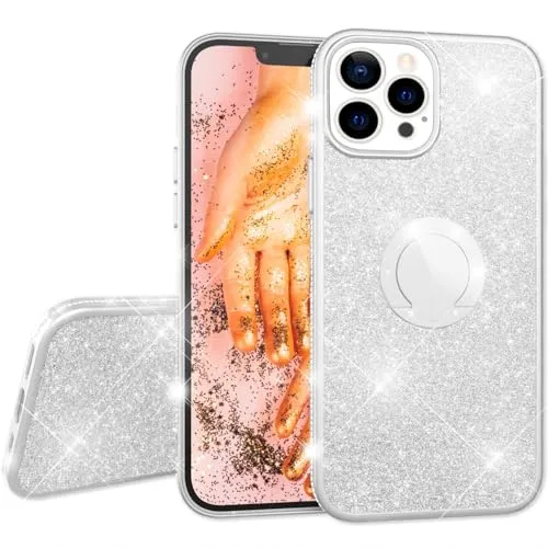 NALIA Glitzer Ringhülle kompatibel mit iPhone 13 Pro Hülle, 360-Grad Finger-Halter für Standfunktion & KFZ-Halterung, Glitter Case Stoßfest Silikon Schutzhülle Ring Handyhülle Cover, Farbe:Silber