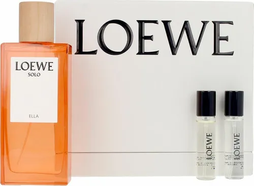 Loewe Solo Ella Set 100ml Eau de Parfum + 10ml Eau de Parfum + 10ml Eau de Toilette - Unisex Düfte: Erleben Sie die verführerischen Kopfnoten von Bitterorange und Pfirsich, kombiniert mit einer blumigen Herznote für ein einzigartiges Dufterlebnis.