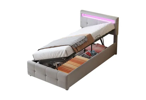 OKWISH Bett Kinderbett Jugendbett Gästebett Polsterbett (Höhenverstellbar mit LED-Beleuchtung und Hydraulischem Stauraum, Hochboxbett in Grau aus Samtstoff), Ohne Matratze