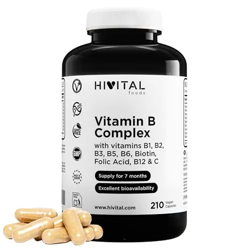 Vitamin-B-Komplex. 210 vegane Kapseln für eine 7-monatige Kur. Vitamin-B-Komplex mit B1, B2, B3, B5, B6, B12, Biotin, Folsäure und Vitamin C. Hergestellt von HIVITAL