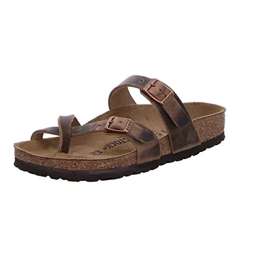 BIRKENSTOCK Damen Mayari Sandalen - Tabacco Brown, Oiled Leather - Damen-Zehentrenner mit anatomisch geformtem Fußbett aus Kork und Latex für optimalen Komfort, Obermaterial aus geöltem Nubukleder.