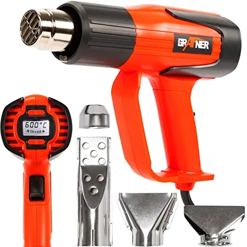 Grafner digitale Heißluftpistole 2000 Watt - Heißluftpistole mit LCD-Anzeige, regelbare Temperaturen von 60-600 °C in 10°-Schritten und 4 Düsen, ideal für vielseitige Anwendungen wie Entlacken, Schrumpfen und Flambieren.