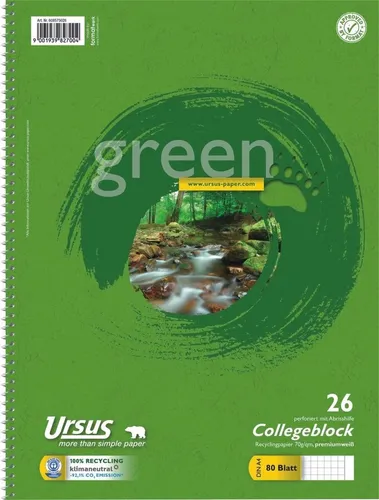 Ursus - Ludwig Bähr Notenblock Kollegblock green A4 70g/qm kariert Lineatur 26 VE=80 Blatt