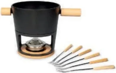 Stöckli 7576.80 Käsefonduegarnitur - Fondueset aus Holz und Gusseisen, ideal für gesellige Abende und unvergessliche Fondue-Erlebnisse, inspiriert von der majestätischen Alpenlandschaft.