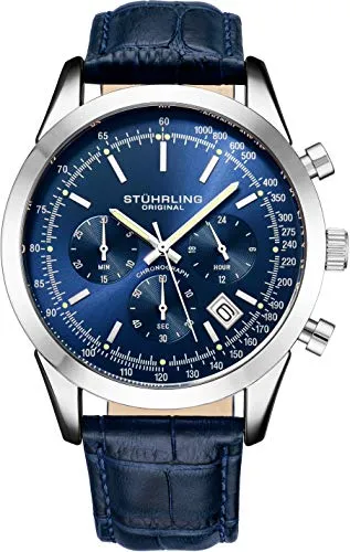 Stuhrling Original Herren-Chronograph – Stilvolle 44 mm Armbanduhr mit Tachymeter und Echtlederarmband - Armbanduhren für Herren mit markantem Design: 44 mm Gehäuse in Silberoptik, blaues Zifferblatt und 10 ATM wasserdicht – perfekt für jeden Anlass.