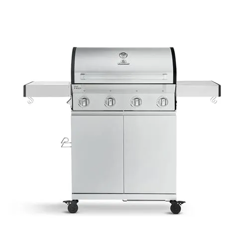 BURNHARD® Gasgrill 4-Brenner Edelstahl-Grillrost, Edelstahl-Grillwagen, Grillabdeckung, klappbare Seitentische – Big FRED Basic