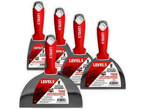 LEVEL5 Profi Set 5x Edelstahl-Spachtel mit weichem Griff - Hochwertiges 5-teiliges Spachtel-Set aus Edelstahl, ideal für Trockenbauarbeiten. Ergonomische Griffe sorgen für Komfort und Präzision beim Auftragen von Materialien.